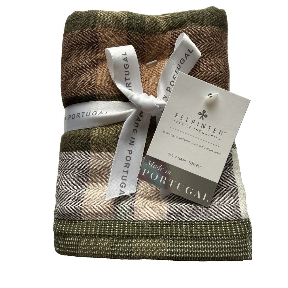 2 Felpinter Hand Towels X-Long Combed Cotton Soft Made in Portugal Plaid Green
